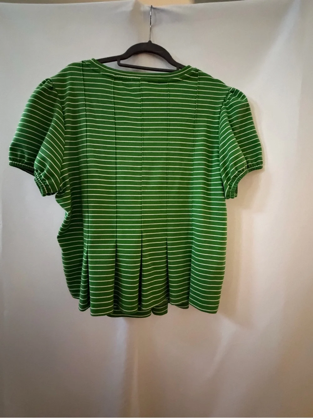 Anthropologie Green Striped Puff-Sleeve Peplum Top